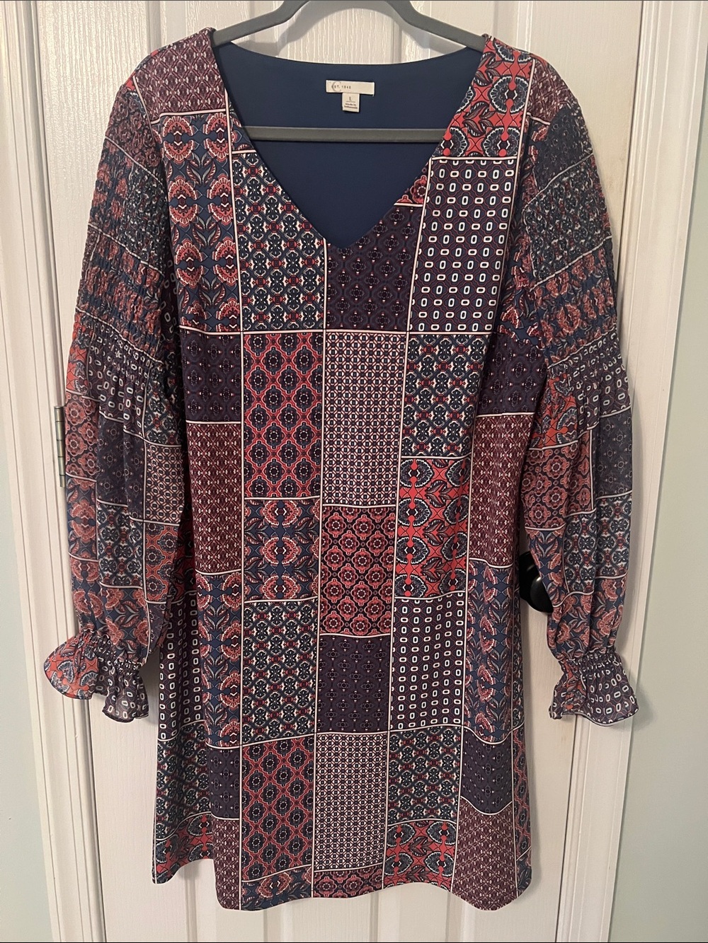 Patchwork-Print V-Neck Tunic Dress - Navy & Red